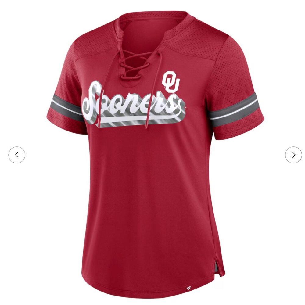 Oklahoma Sooners Women’s Fanatics Lace-Up Short Sleeve Shirt,  XL, NWT